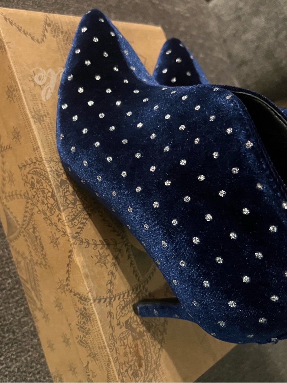 Allegra K Navy Velvet Slip-On Ankle Booties with Silver Stud Accents